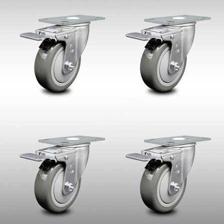 Service Caster 4 Inch SS Gray Polyurethane Top Plate Caster Set Total Lock Brake SCC SCC-SSTTL20S414-PPUB-4